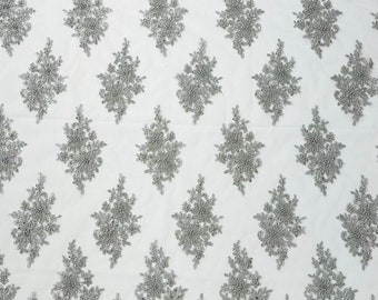 Metallic Silver - Erin Diamond Beaded Metallic Floral Embroider On a Mesh Lace Fabric-Sold By The Yard-