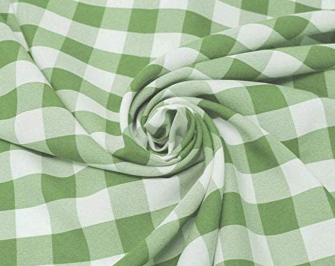 Apple Green & White, 60" Wide 100% Polyester 1" Poplin Gingham Checkered Plaid Fabric.