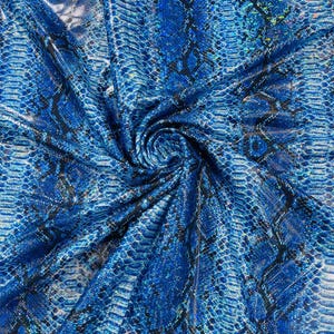 Holographic Snake Foil Printed Spandex Fabric By The Yard | Multi Color Snake Design Poly Spandex Fabric 4 Way Stretch 60” - Royal Blue.