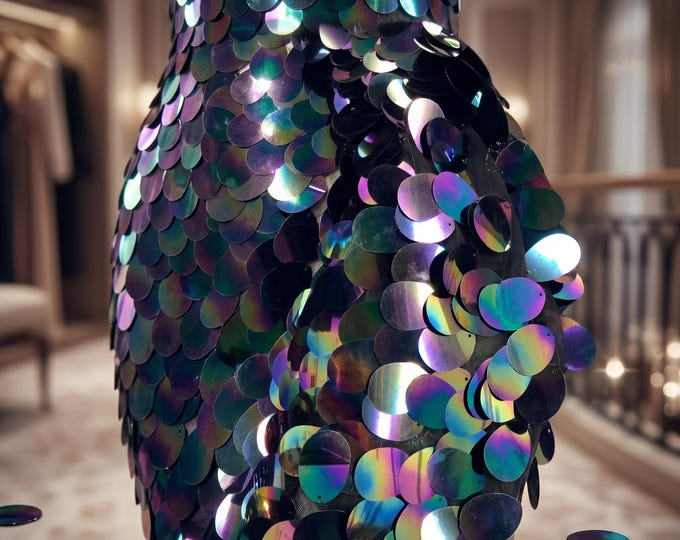 Black Holographic Sequin Fabric, Iridescent Mermaid Scale Mesh, Prom Dress Bridal Fabric, Fish Scale Sequin By The Yard