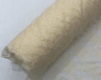 Tecido de renda elástica, estampa floral vintage marfim, 4 direções, 147 cm de largura (vendido por metro).