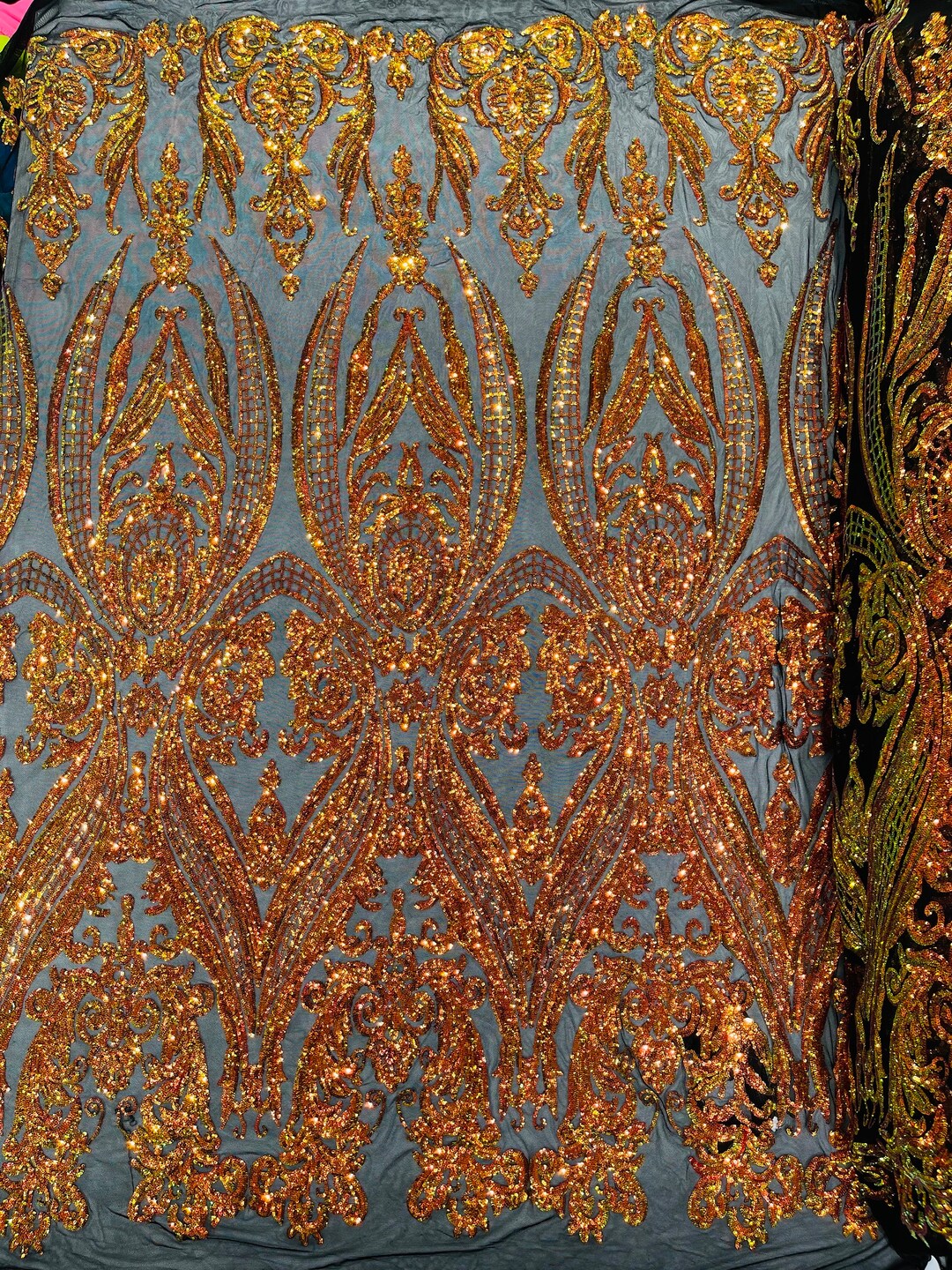 Iridescent/Navy Blue Two tone damask design with sequins embroider on a 4 way stretch mesh fabric-sold by the yard. Rainbow main image 1
