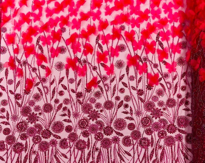 Fuchsia - Luxury 3D Floral/Butterfly Beaded lace, by The Yard.