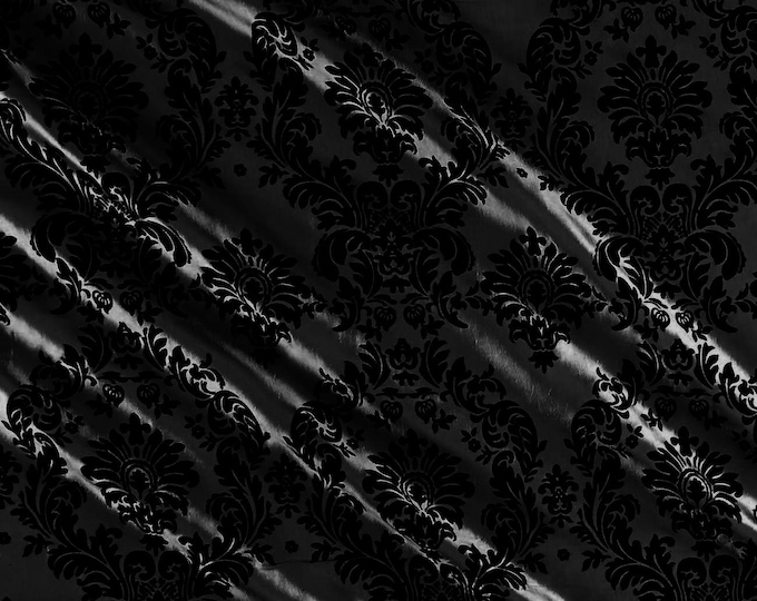 Black - Flocked Damask Taffeta Fabric - Sold By The Yard.