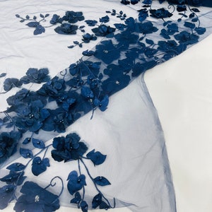 Navy Blue Orquidia 3d floral design embroider with pearls in a mesh lace fabric-dresses-fashion-decorations-prom-sold by the yard.