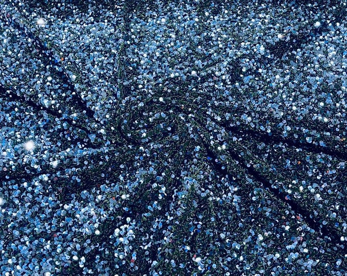 Navy Blue stretch velvet with luxury sequins all over 5mm shining sequins 2-way stretch, sold by the yard.