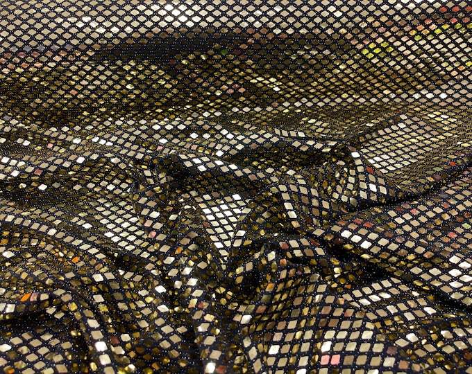 Gold Diamond Sequin On Black Metallic Lurex 2 Way Stretch Fabric- Sold By The Yard