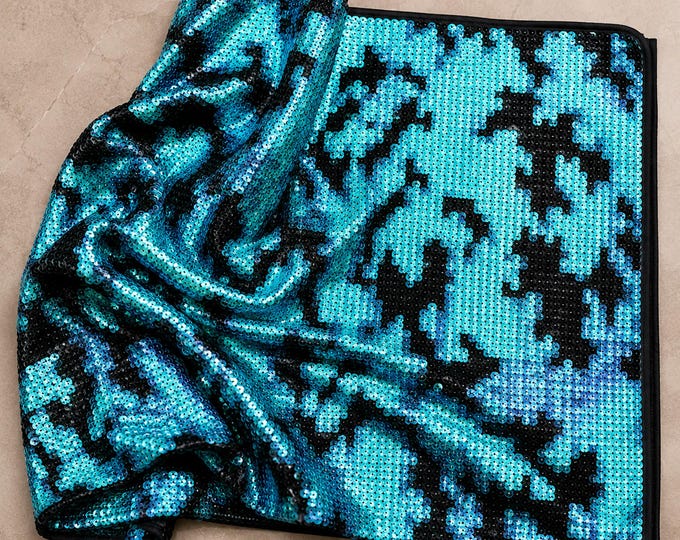 Aqua Silver Iridescent Flip Sequin Camouflage Stretch Velvet Fabric By The Yard, Mermaid Sequin Fabric, Reversible Sequin Apparel Fabric