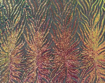 Rainbow iridescent phoenix feather design with sequins embroider on a Black 4 way stretch mesh fabric-sold by the yard.