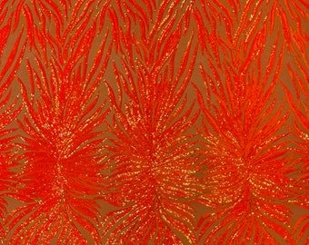 Neon Orange iridescent phoenix feather design with sequins embroider on a Orange 4 way stretch mesh fabric-sold by the yard.
