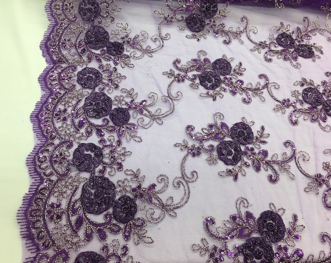 Purple/silver 3d flowers embroider with sequins on a purple mesh lace. Wedding/bridal/prom/nightgown fabric. Sold by the yard.