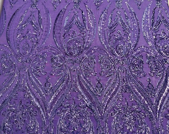 Lavender empire damask design with sequins embroider on a 4 way stretch mesh fabric-sold by the yard.