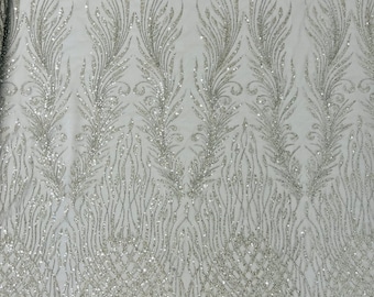 Silver feathers damask embroider and heavy beaded on a mesh lace fabric-sold by the yard-