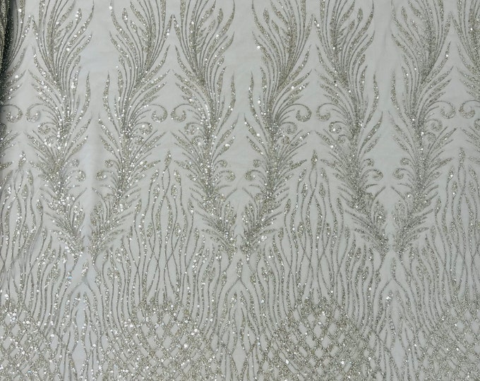 Silver feathers damask embroider and heavy beaded on a mesh lace fabric-sold by the yard-