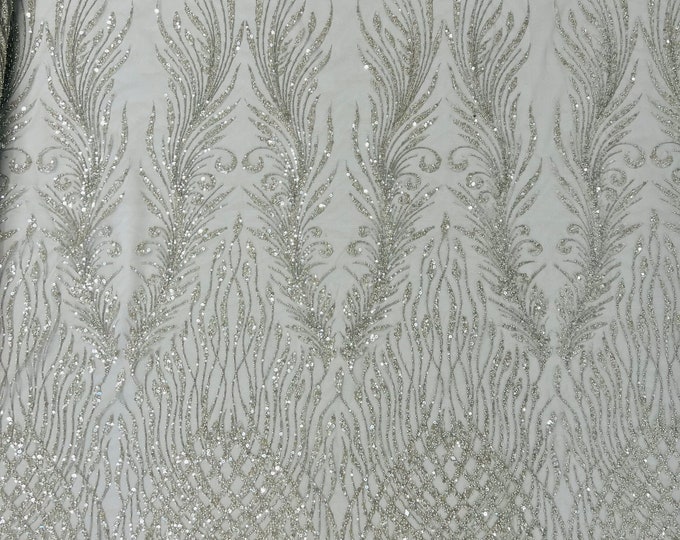 Silver feathers damask embroider and heavy beaded on a mesh lace fabric-sold by the yard-