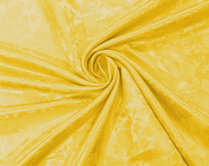 Yellow 58" Wide Polyester Flower Brocade Jacquard Satin Fabric, Wedding, Dressmaking