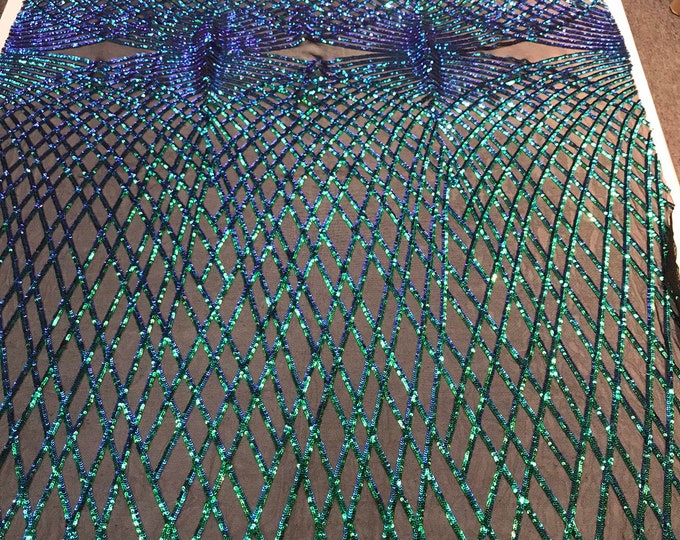 Iridescent Green Sequins diamond design embroidery on a black 4 way stretch power mesh-dresses-fashion-apparel-prom-nightgown-Sold by yard.