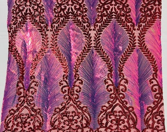 Rainbow iridescent/burgundy Two tone damask design with sequins embroider on a 4 way stretch mesh fabric-sold by the yard.