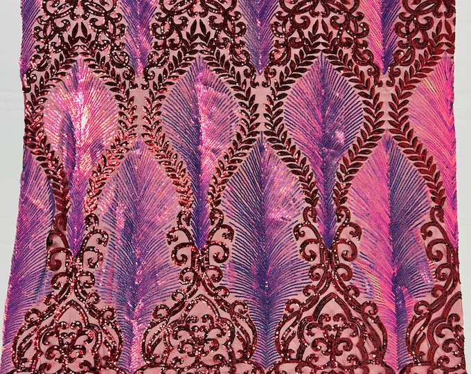Rainbow iridescent/burgundy Two tone damask design with sequins embroider on a 4 way stretch mesh fabric-sold by the yard.