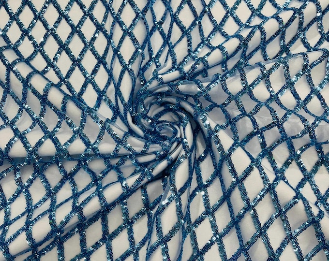 Luxury Diamond Design Mini Glitz Sequins On A Mesh Fabric/Prom/Wedding/Party Supply. Light Blue
