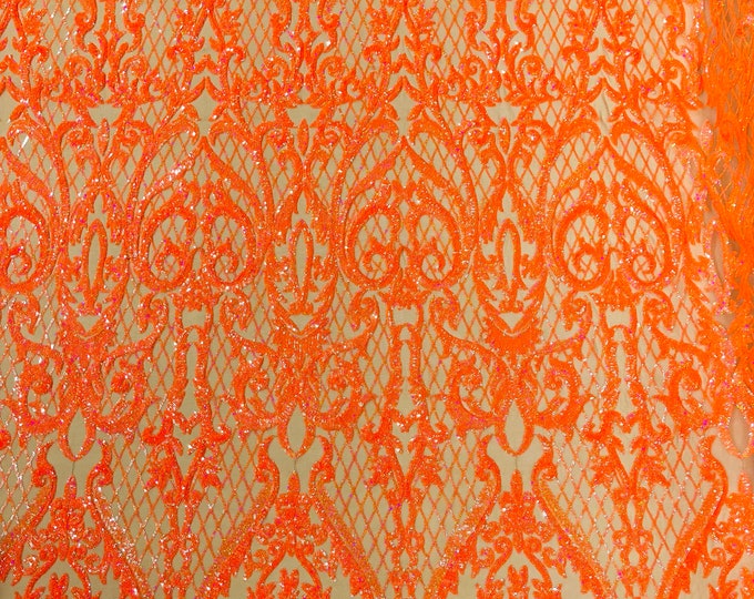 Orange holographic Heart Damask sequin design on a Nude 4 way stretch mesh fabric-prom-sold by the yard.