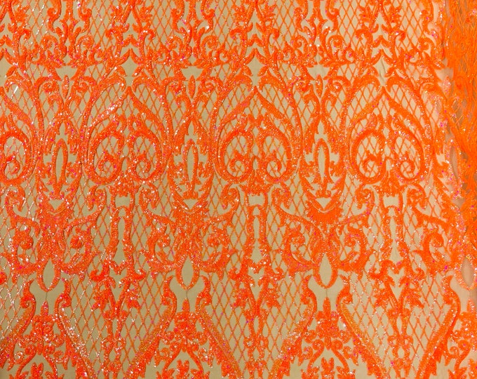 Orange holographic Heart Damask sequin design on a Nude 4 way stretch mesh fabric-prom-sold by the yard.