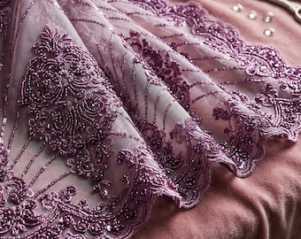 Dark Lilac Damask Beaded Lace Fabric by the Yard, Luxury Mesh Lace for Prom Dress, Bridal Gown, Couture Evening Wear