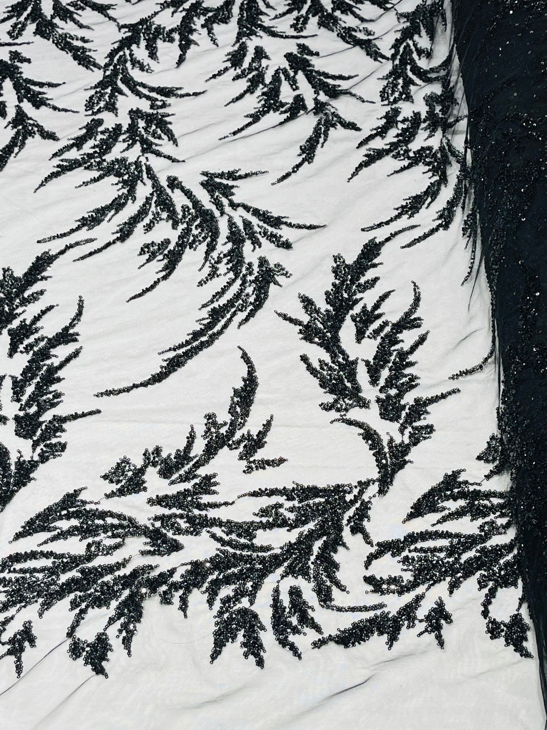 Royalty Fabrics Floral hand beaded design embroider on a mesh lace-prom-sold by the yard. Black