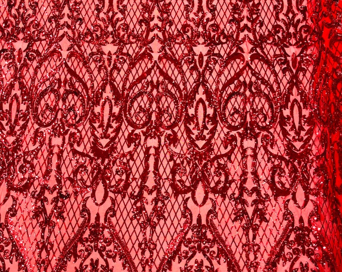 Red shiny Heart Damask sequin design on a 4 way stretch mesh fabric-prom-sold by the yard.