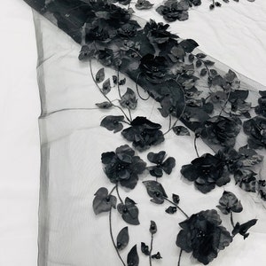 Black Orquidia 3d floral design embroider with pearls in a mesh lace fabric-dresses-fashion-decorations-prom-sold by the yard.