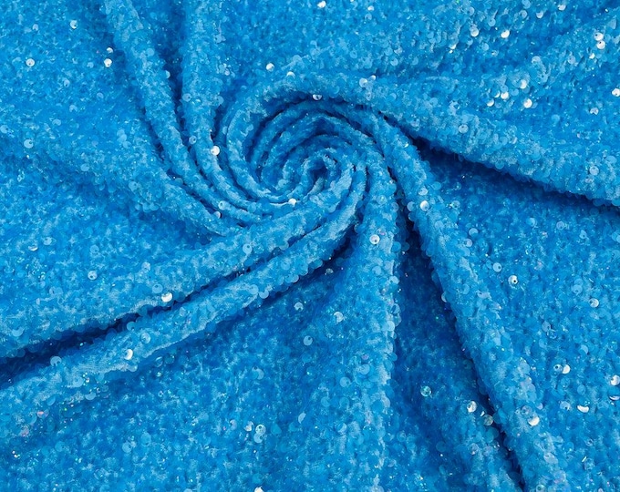 Turquoise Holographic stretch velvet with luxury sequins all over 5mm shining sequins 2-way stretch, sold by the yard.
