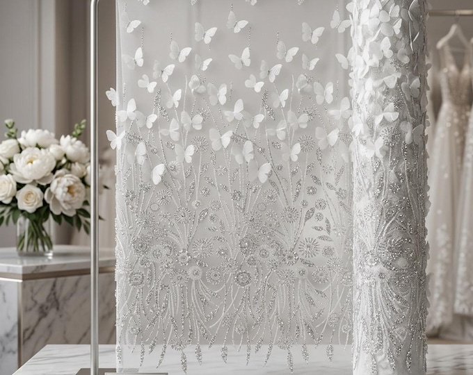 White 3D Floral Butterfly Lace Fabric by the Yard, Beaded Mesh Lace for Bridal Gown, Wedding Dress, Couture Fabric