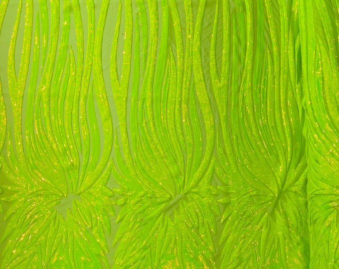 Neon Green iridescent sequin Wings design on a 4 way stretch mesh fabric- prom-nightgown-by the yard-free shipping in the USA.