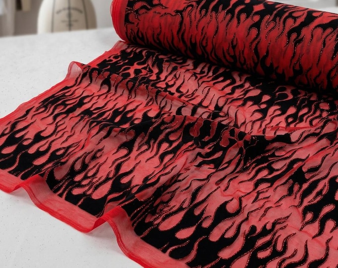 Red Flame Fabric 60” Wide | Black Flocked Flame Mesh with Red Glitter | Hot Rod Upholstery, Couture Dress & Costume Fabric