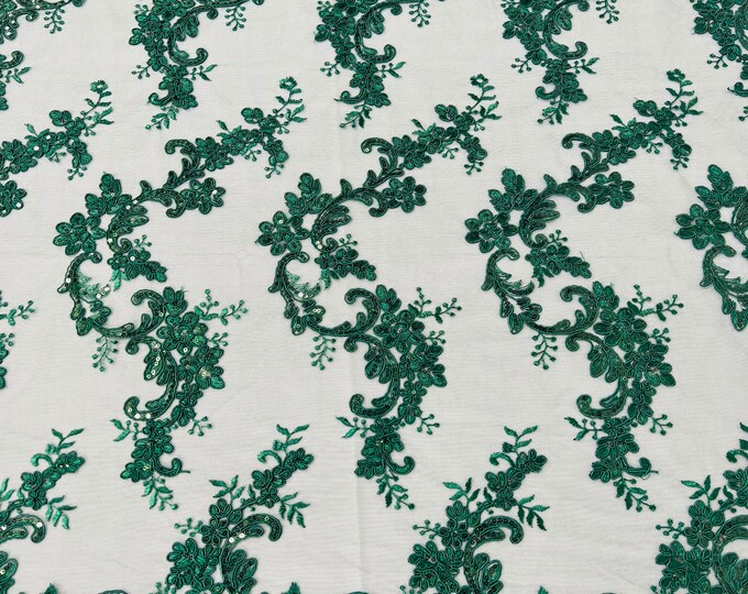 Hunter Green flower lace corded and embroider with sequins on a mesh-Sold by the yard.