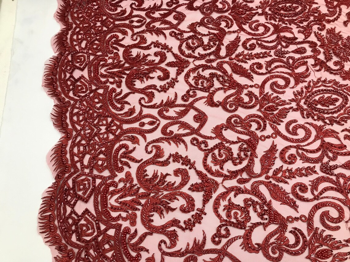 Black floral damask embroider and heavy beaded on a mesh lace fabric-sold by the yard- main image 1