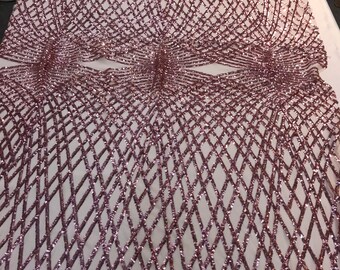 Dusty Rose Sequins diamond design embroidery on a blush 4 way stretch power mesh-dresses-fashion-apparel-prom-nightgown-Sold by the yard.