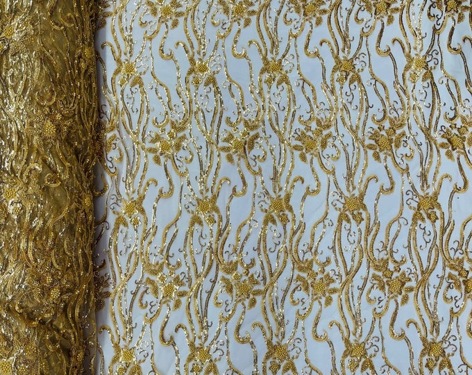 Gold, Vine Floral Beaded Lace/Sequin Embroider Lace Fabric - Sold By the Yard.