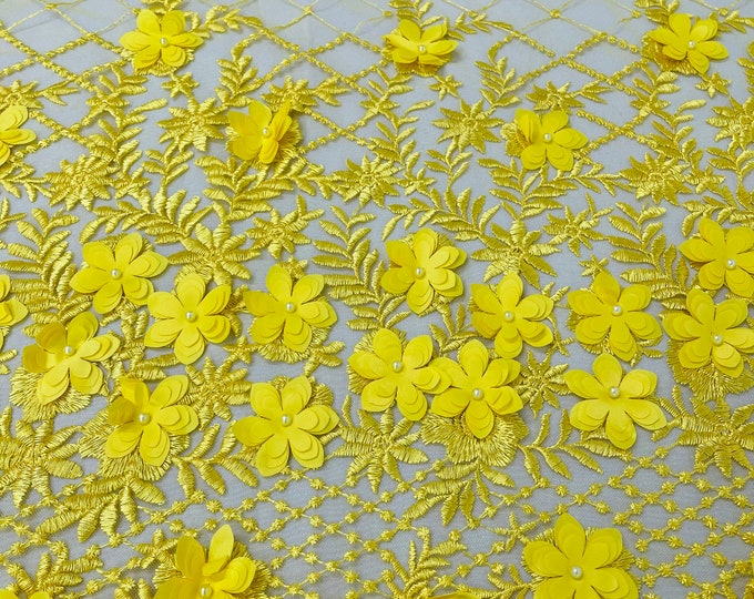 Yellow Lia 3d floral design embroider with pearls in a mesh lace-dresses-fashion-decorations-prom-nightgown-sold by the yard.