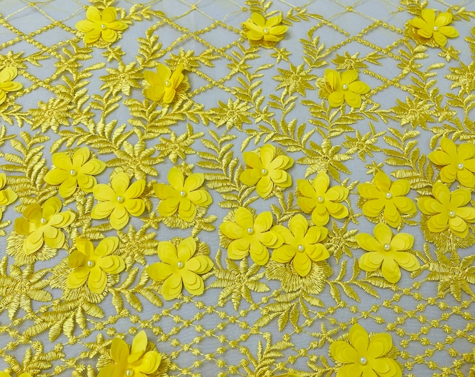 Yellow Lia 3d floral design embroider with pearls in a mesh lace-dresses-fashion-decorations-prom-nightgown-sold by the yard.