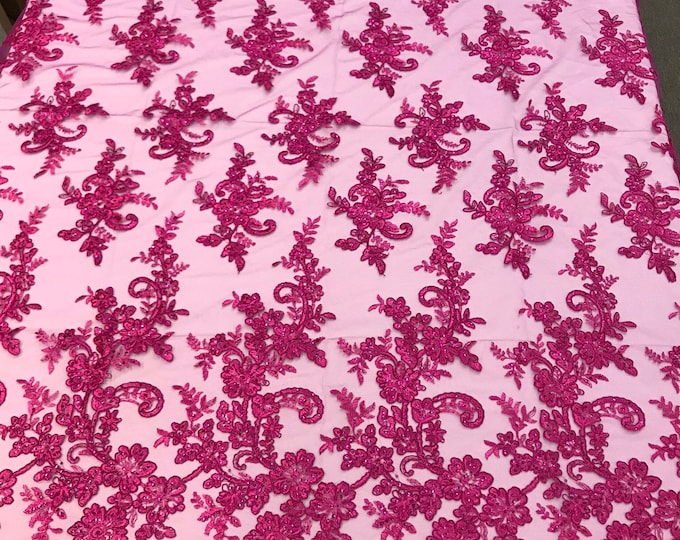 Fuchsia floral design embroidery on a mesh lace with sequins and cord-dresses-fashion-prom-nightgown-sold by the yard-free shipping in USA-