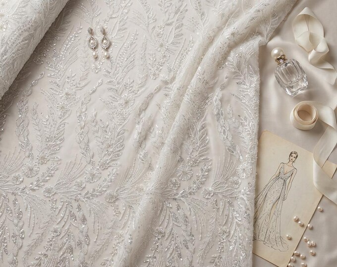 White Feather and Vine Beaded Lace Fabric by the Yard, Luxury Embroidered Mesh Lace for Wedding Dresses, Bridal Gowns, Couture Fabric