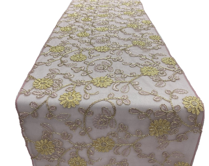 12" Wide x 90" Long Metallic Embroidery Lace Table Runner Wedding Decoration (Dusty Rose on Dusty Rose Mesh)