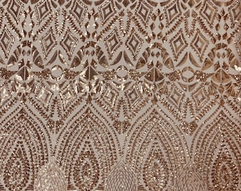 Rose gold geometric diamond design embroidery with sequins on a 4 way Stretch Mesh-dresses-prom-nightgown-sold by the yard.