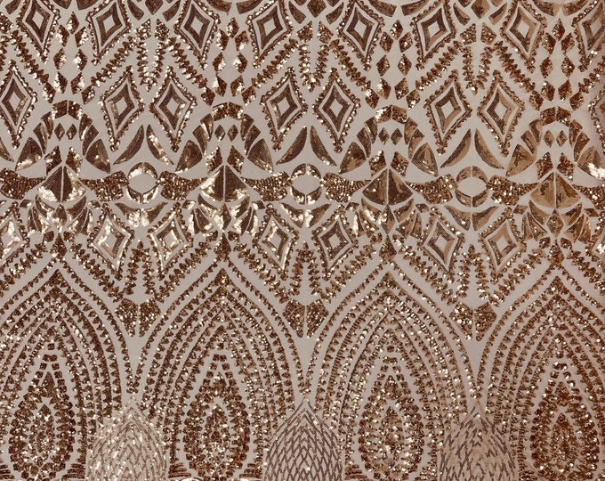 Rose gold geometric diamond design embroidery with sequins on a 4 way Stretch Mesh-dresses-prom-nightgown-sold by the yard.
