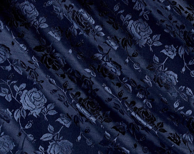 Navy Blue 60" Wide Polyester Flower Brocade Jacquard Satin Fabric, Sold By The Yard.