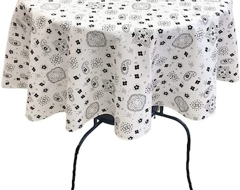 New Creations Fabric & Foam Inc, Round Print Poly Cotton Tablecloth (Bandanna White , Choose Size Below
