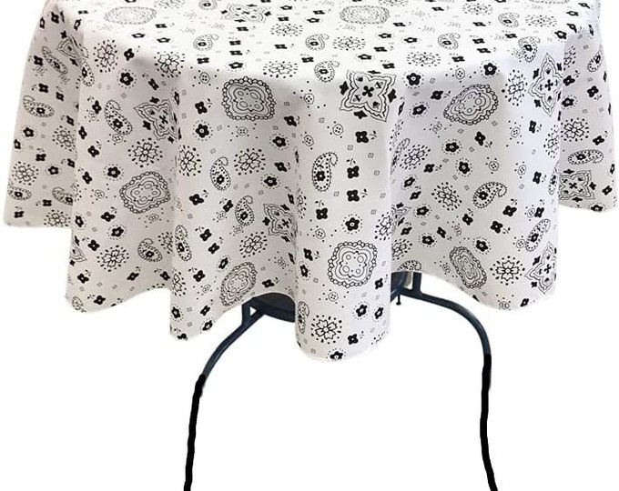 New Creations Fabric & Foam Inc, Round Print Poly Cotton Tablecloth (Bandanna White , Choose Size Below