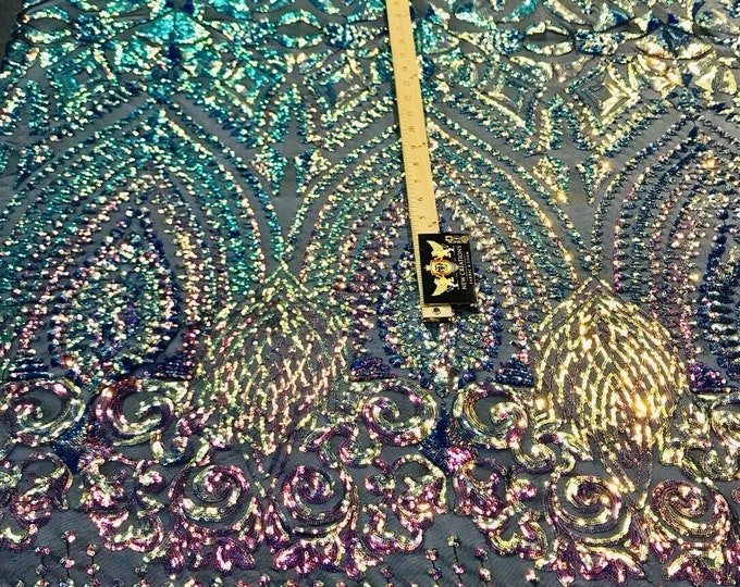 Rainbow iridescent sequin diamond design on a 4 way stretch black mesh-prom-nightgown-Sold by the yard.