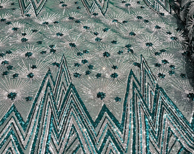 Hunter Green/Silver geometric Star sequin design on a 4 way stretch mesh-sold by the yard.